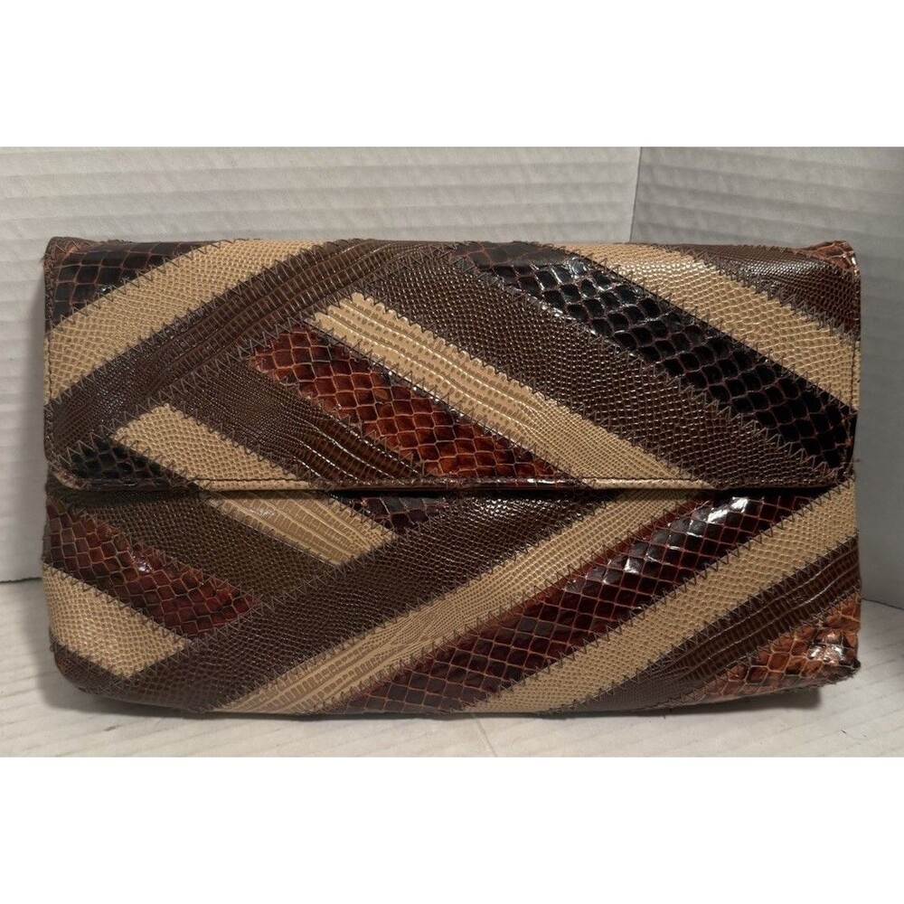 Vintage Brown & Tan Snake-Embossed Diagonal Stripe Crossbody